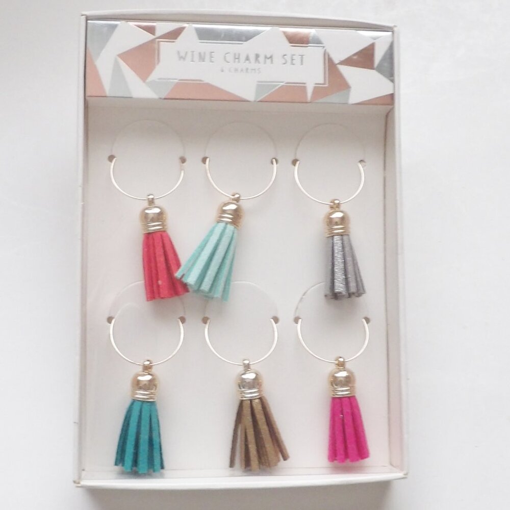 Tassel Wine Charm Set Boxed Set of 6 New